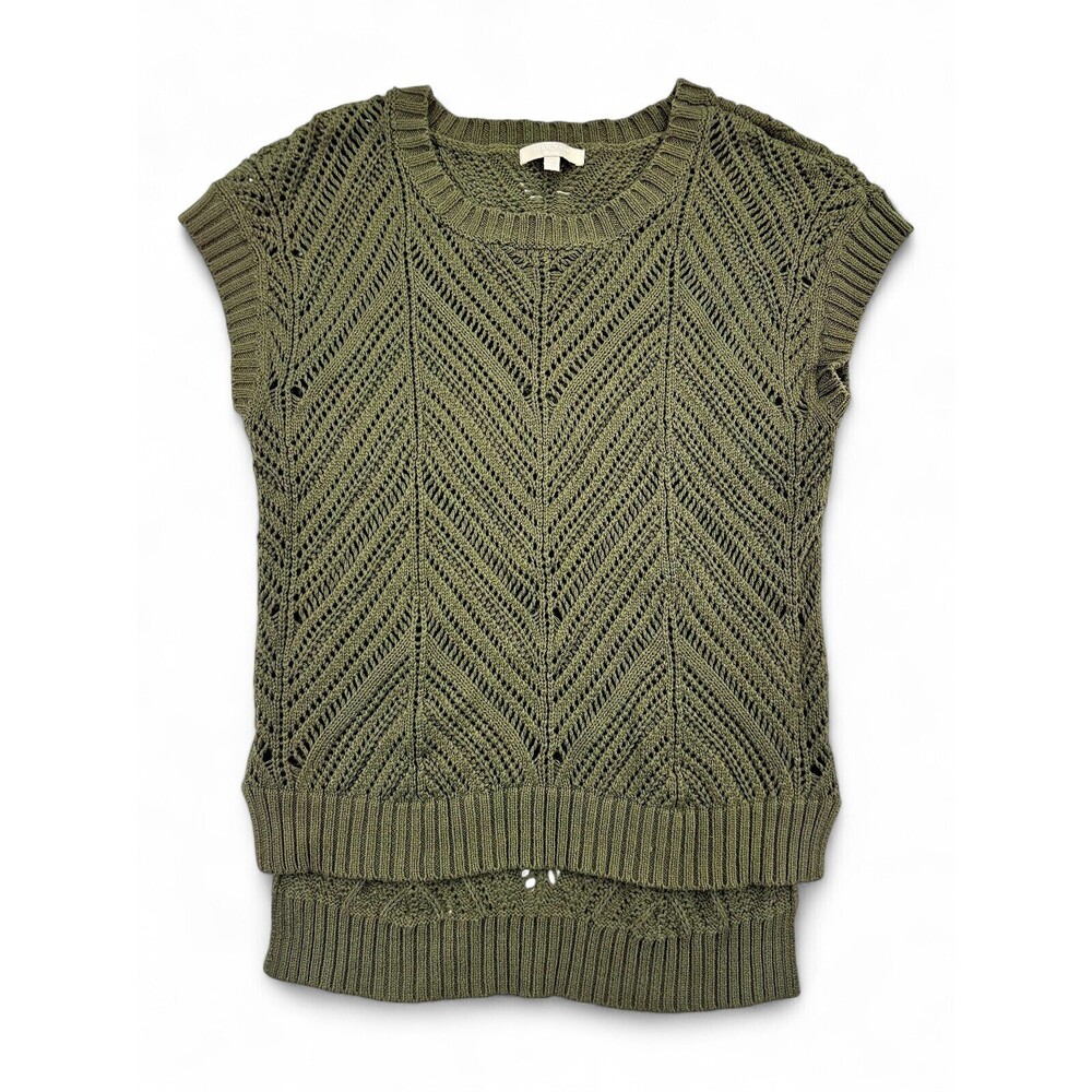 Joan Vass Olive Open-Knit Cap Sleeve Sweater Top M
